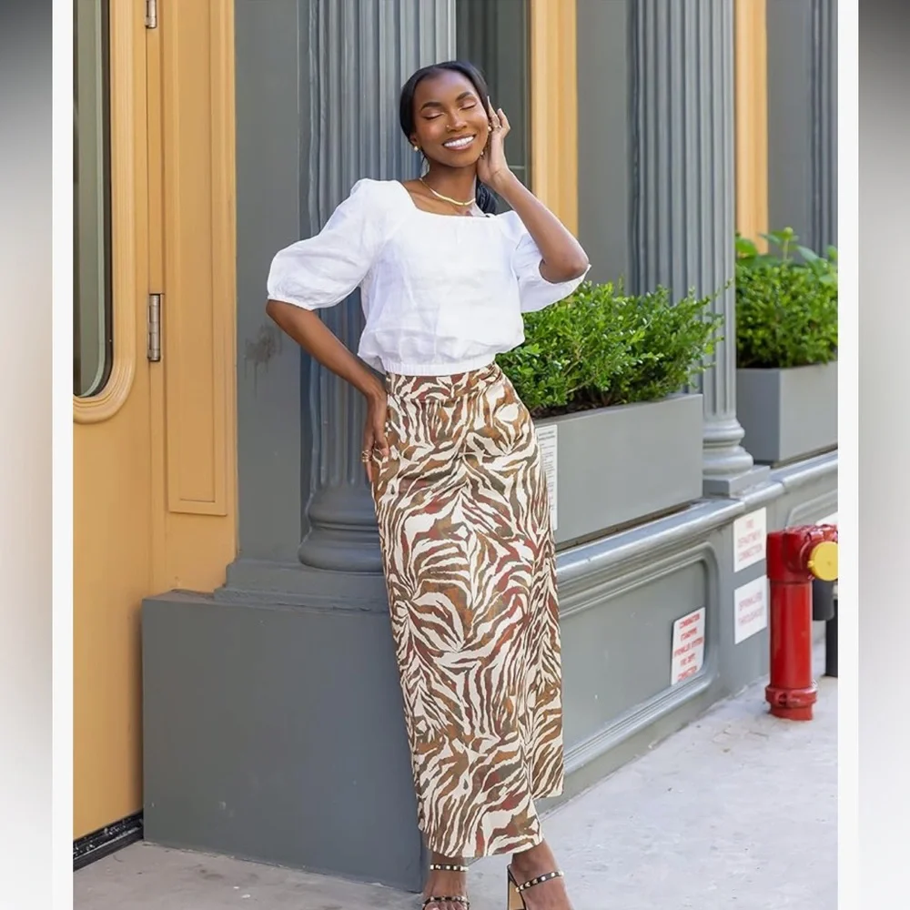 The Drop NWT CREAM BROWNS METALIC ANIMAL SATINY Print MIDI MAXI Skirt - Picture 2 of 7
